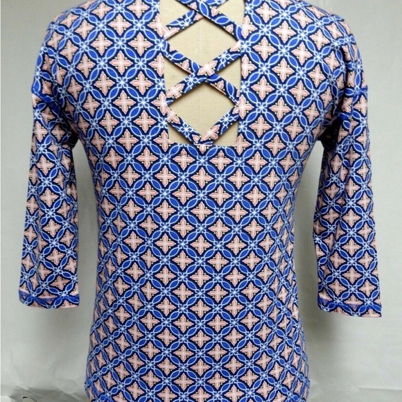 Talbots Blue Pink Print Top 3/4 Sleeve Open Back Lattice size M - Picture 3 of 6